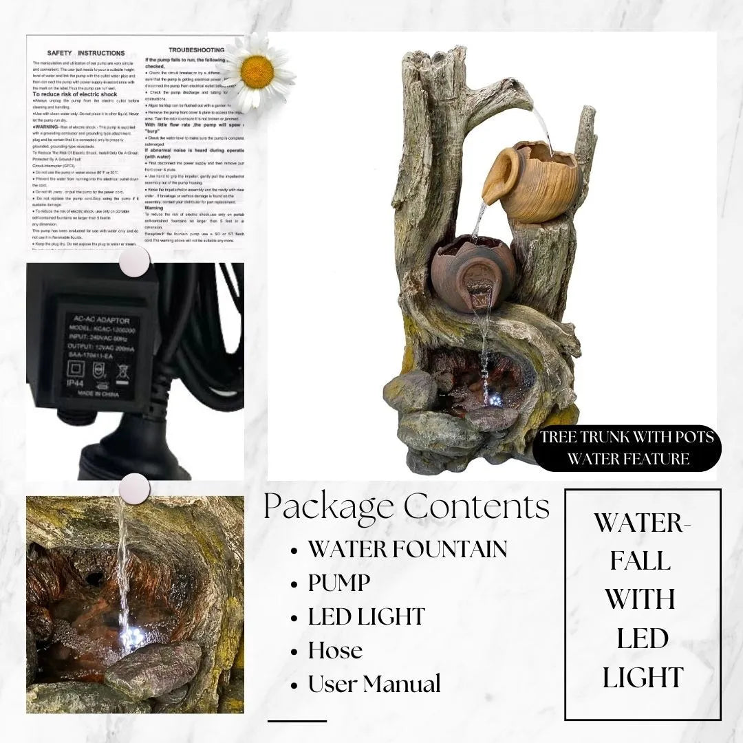 Tree trunk and Clay Pots Water Feature with LED Lights