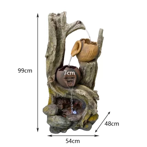 Tree trunk and Clay Pots Water Feature with LED Lights