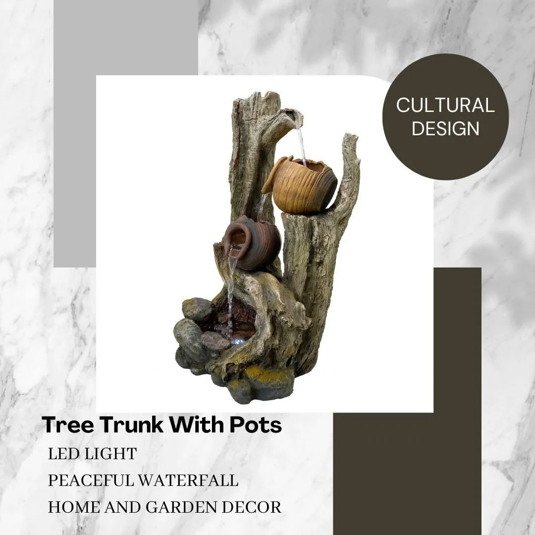 Tree trunk and Clay Pots Water Feature with LED Lights