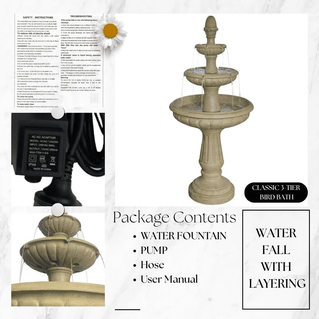 Elegant 3 Tier Birdbath Water Feature