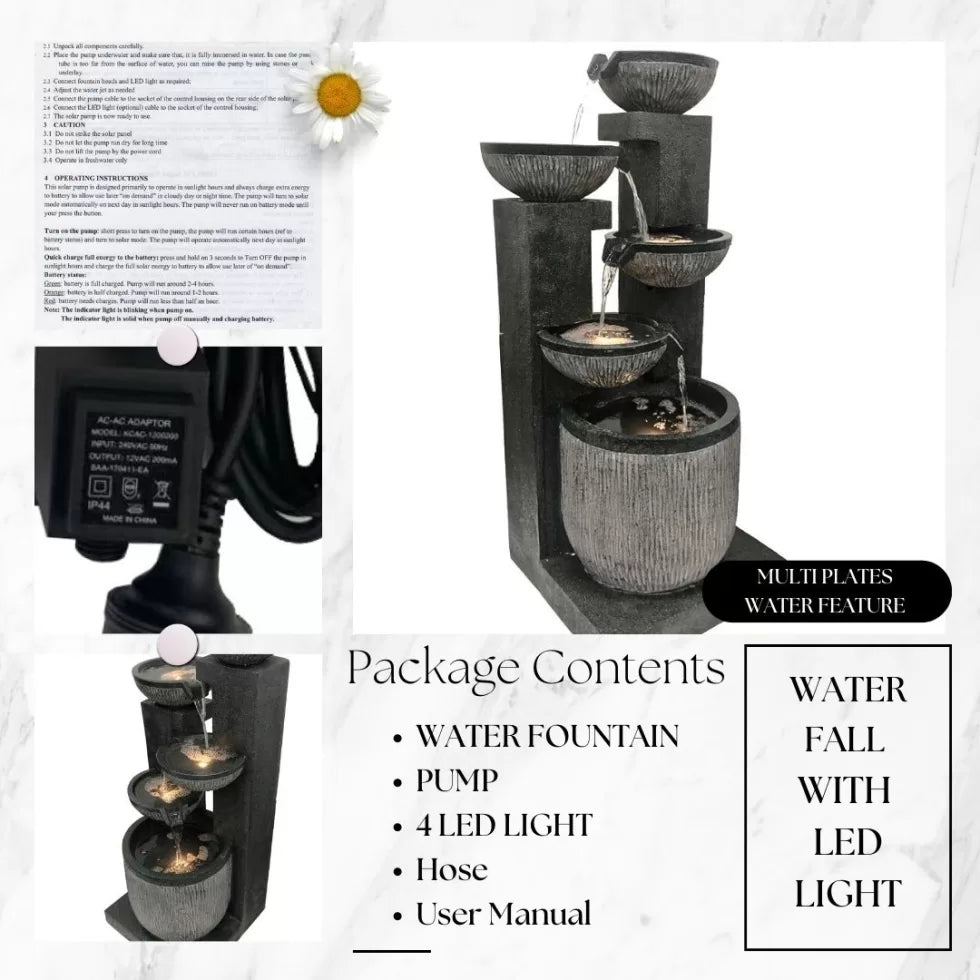 Modern Cascading Bowls Water Feature with LED Lights