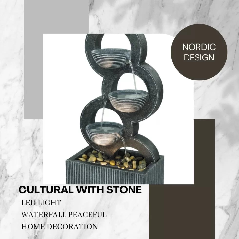 Modern 3 bowl cascading water feature with LED light