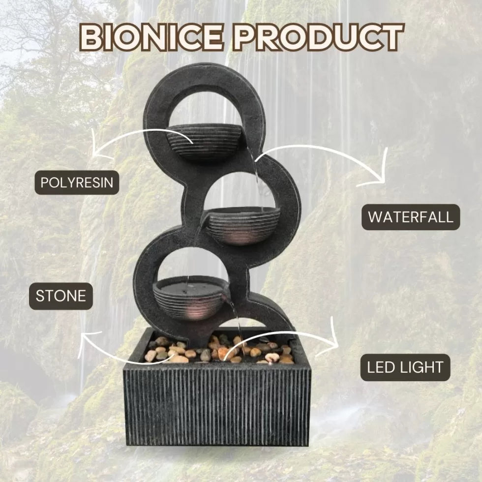 Modern 3 bowl cascading water feature with LED light