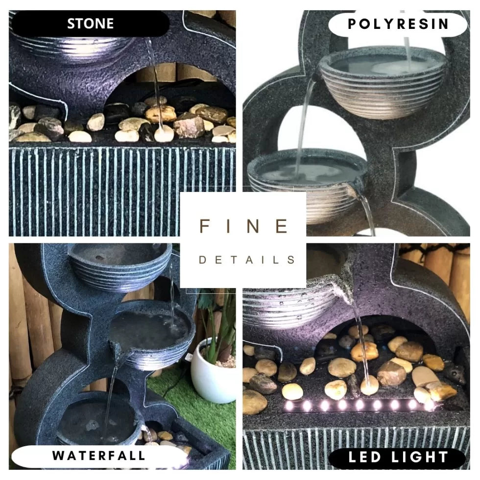 Modern 3 bowl cascading water feature with LED light