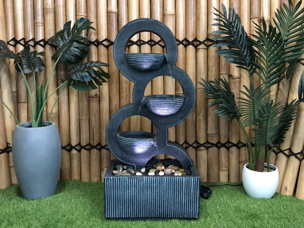 Modern 3 bowl cascading water feature with LED light