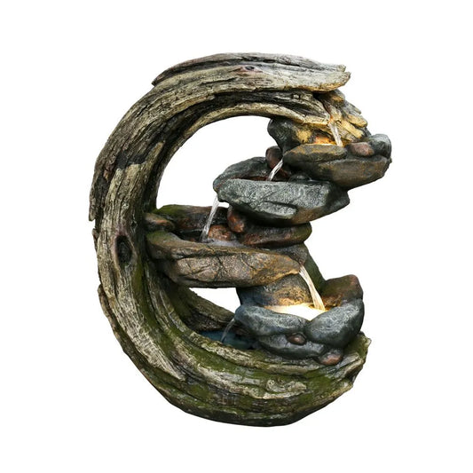 Rustic Curved Tree Trunk LED Light Water Feature