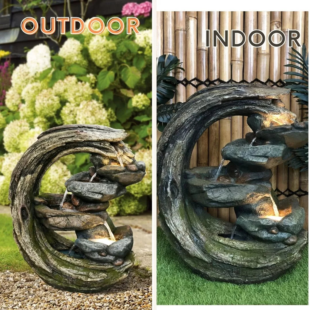 Rustic Curved Tree Trunk LED Light Water Feature