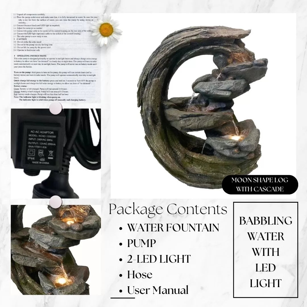 Rustic Curved Tree Trunk LED Light Water Feature